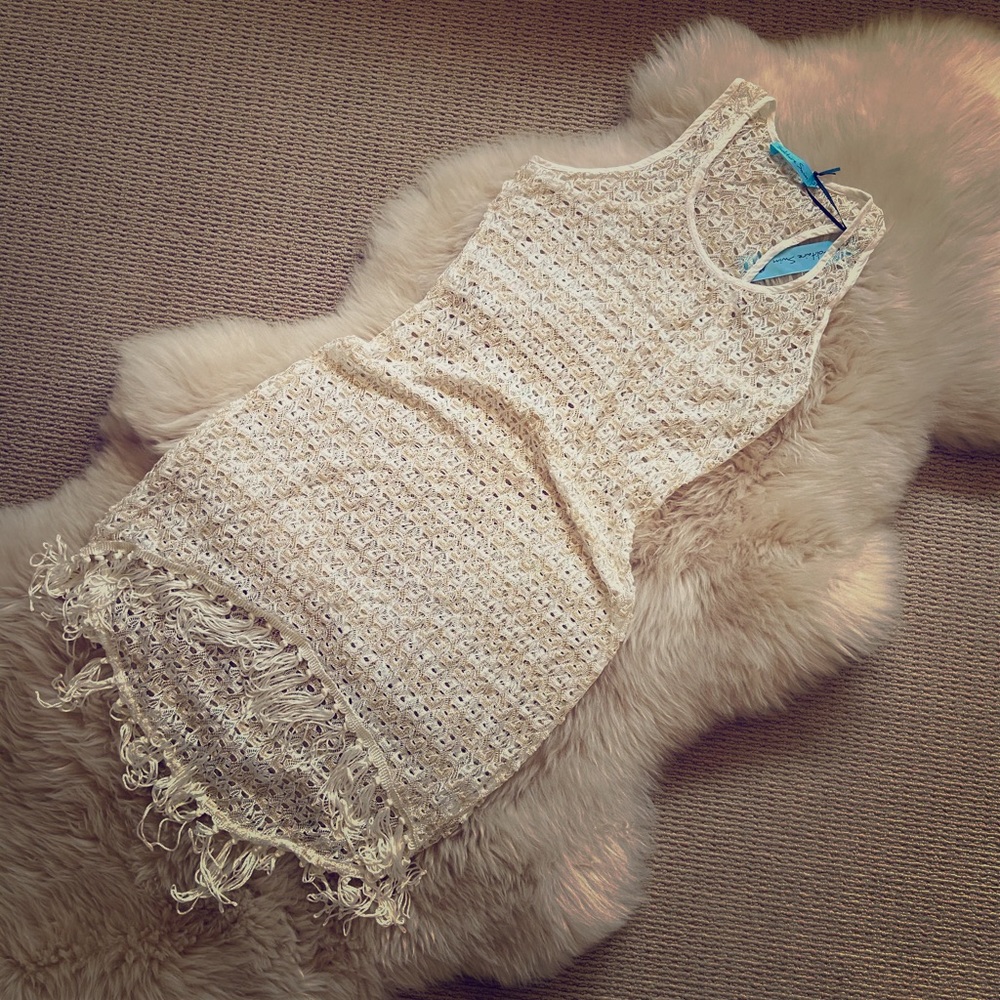 Solitaire swim cover hi-lo fringe white boho